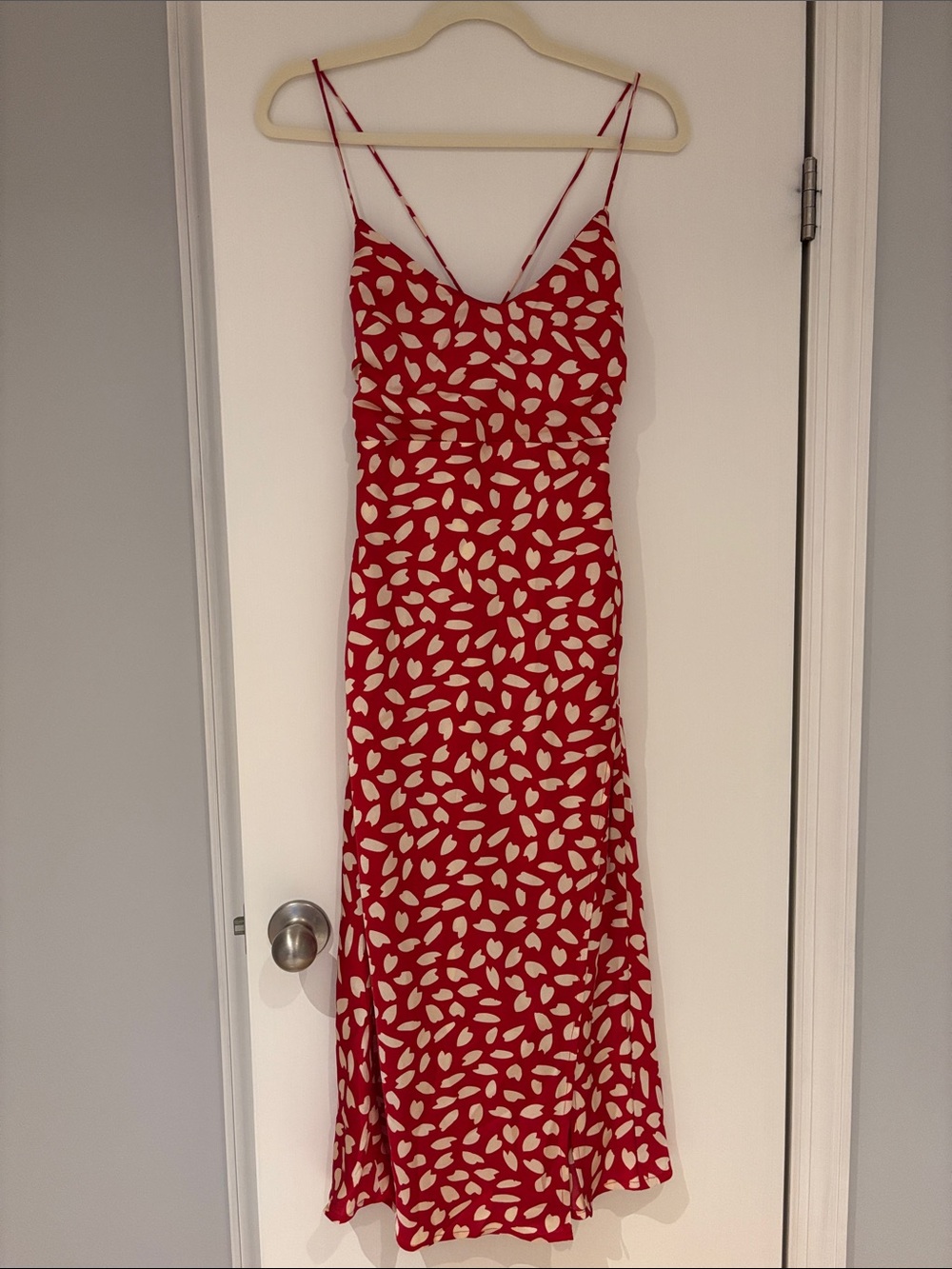 Hello Molly Red Slip Midi Dress with Cream Leaf Print